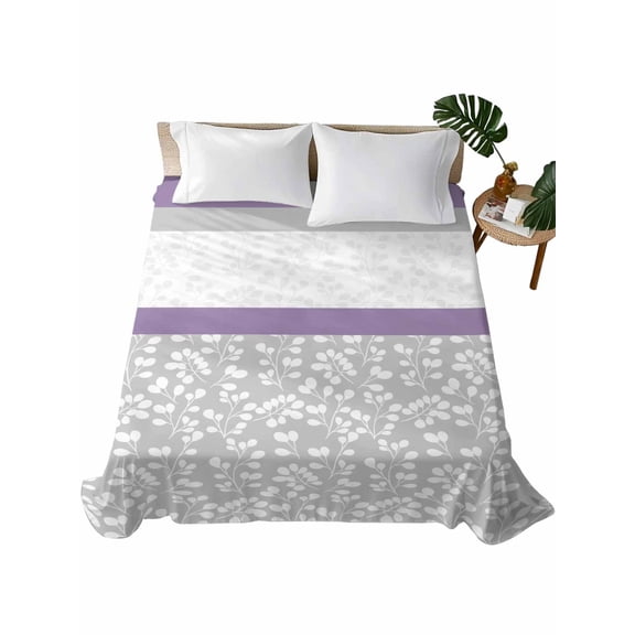 Queen Flat Sheet Purple Grey Leaves Flat Sheets Only Soft Breathable Microfiber Bedding Top Sheets Luxury Hotel Quality Stitching Stripes Queen Bed Sheet for All Season Bedroom Dorm Home Decor