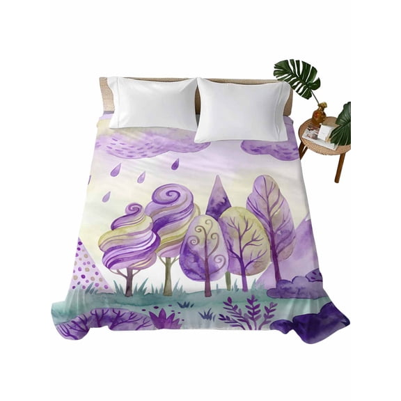 Queen Flat Sheet Purple Could Rain Drop Flat Sheets Only Soft Breathable Microfiber Bedding Top Sheets Luxury Hotel Quality Forest Tree Mountain Queen Bed Sheet for All Season Bedroom Dorm