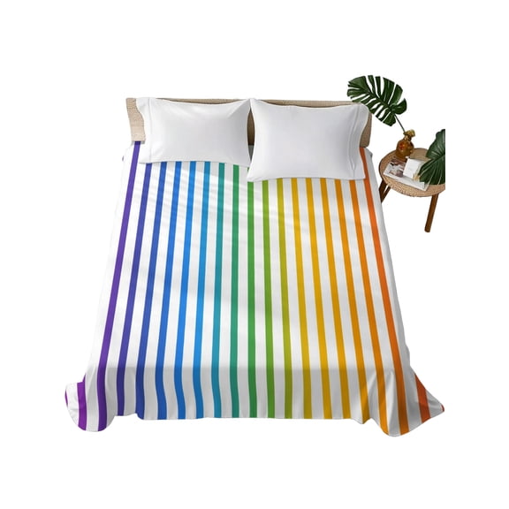 Queen Flat Sheet Rainbow Vertical Stripes Flat Sheets Only Soft Breathable Microfiber Bedding Top Sheets Luxury Hotel Quality Parallel Lines Pinstripes Queen Bed Sheet for All Season Bedroom Dorm