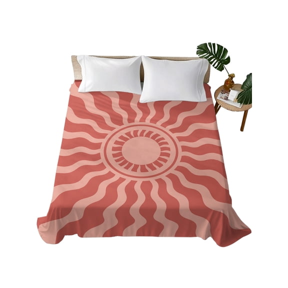 Queen Flat Sheet Red Boho Radiant Sun Flat Sheets Only Soft Breathable Microfiber Bedding Top Sheets Luxury Hotel Quality Bohemian Wavy Sunbeams Queen Bed Sheet for All Season Bedroom Dorm Decor