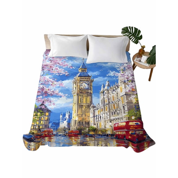 Queen Flat Sheet Red Bus Clock Tower Flat Sheets Only Soft Breathable Microfiber Bedding Top Sheets Luxury Hotel Quality Cherry Blossoms Impressionist Queen Bed Sheet for All Season Bedroom Dorm