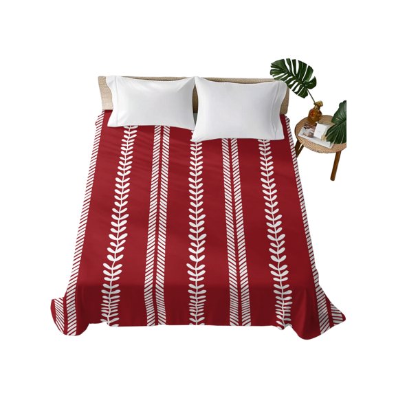 Queen Flat Sheet Red Leafy Vertical Lines Flat Sheets Only Soft Breathable Microfiber Bedding Top Sheets Luxury Hotel Quality Leaves Branches Stripes Queen Bed Sheet for All Season Bedroom Dorm