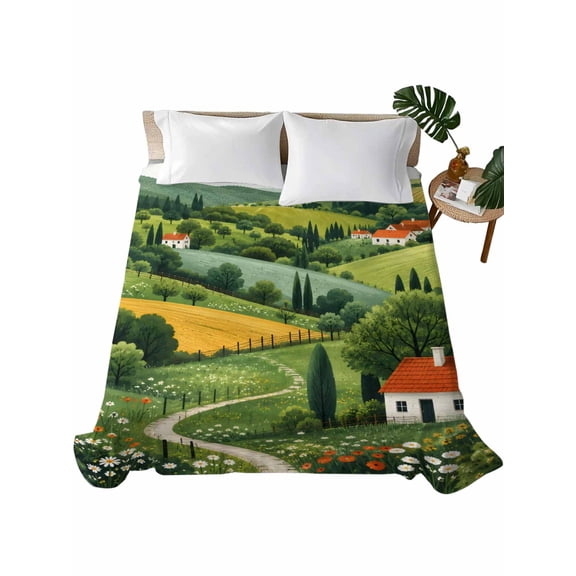 Queen Flat Sheet Rolling Green Valley Hills Flat Sheets Only Soft Breathable Microfiber Bedding Top Sheets Luxury Hotel Quality Farmhouse Landscape Queen Bed Sheet for All Season Bedroom Dorm Decor