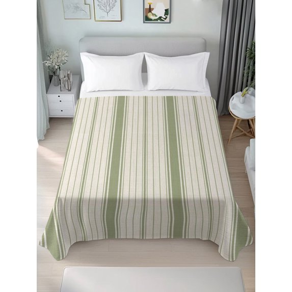 Queen Flat Sheet Only Rustic Sage Green Stripe on Linen Soft Microfiber Cooling Bedding Sheets Minimalist Line Texture Flat Bed Sheet for Hotel,Home Decor