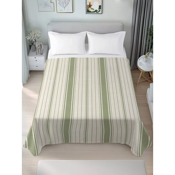 Queen Flat Sheet Only Rustic Sage Green Stripe on Linen Soft Microfiber Cooling Bedding Sheets Minimalist Line Texture Flat Bed Sheet for Hotel,Home Decor