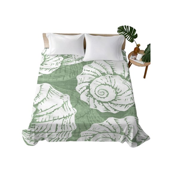 Queen Flat Sheet Sage Green Conch Shell Flat Sheets Only Soft Breathable Microfiber Bedding Top Sheets Luxury Hotel Quality Coastal Ocean Marine LIfe Queen Bed Sheet for All Season Bedroom Dorm