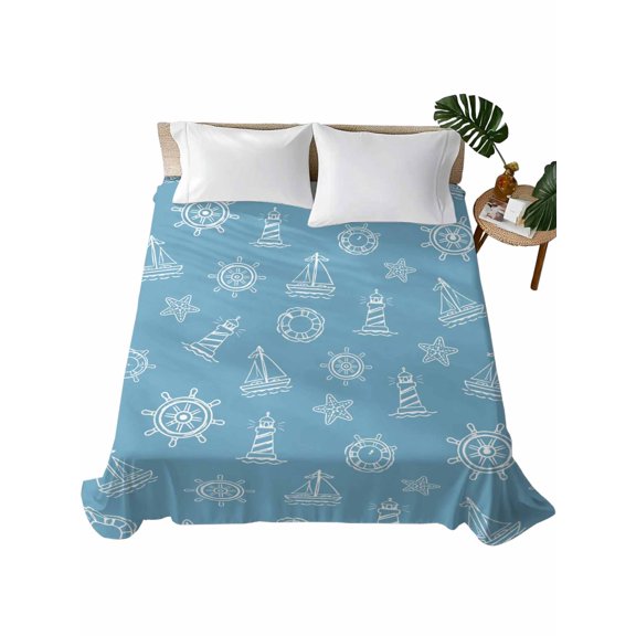 Queen Flat Sheet Sailboat Lighthouse Flat Sheets Only Soft Breathable Microfiber Bedding Top Sheets Luxury Hotel Quality Blue Coastal Ship Wheel Queen Bed Sheet for All Season Bedroom Dorm Decor