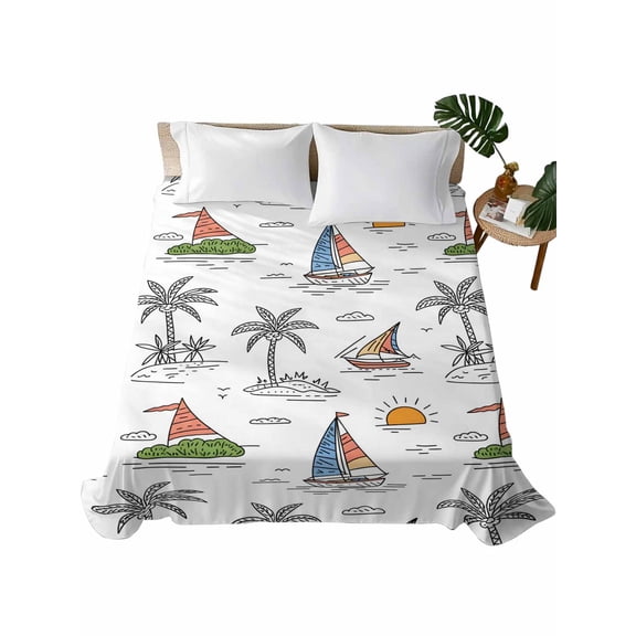 Queen Flat Sheet Sailing Surfing Flat Sheets Only Soft Breathable Microfiber Bedding Top Sheets Luxury Hotel Quality Tropical Palm Trees Queen Bed Sheet for All Season Bedroom Dorm Home Decor