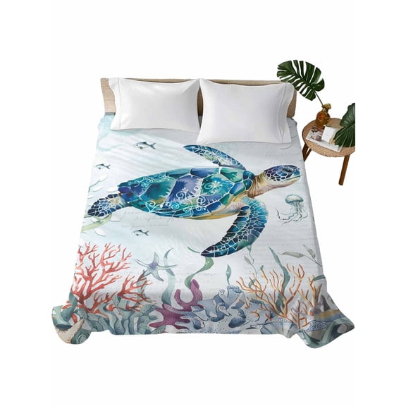 Queen Flat Sheet Sea Turtle Flat Sheets Only Soft Breathable Microfiber Bedding Top Sheets Luxury Hotel Quality Ocean Coral Seagrass Queen Bed Sheet for All Season Bedroom Dorm Home Decor