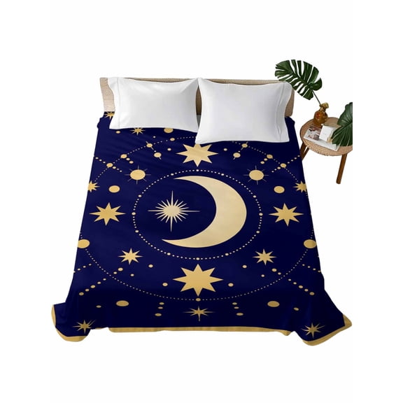 Queen Flat Sheet Stars Moon Flat Sheets Only Soft Breathable Microfiber Bedding Top Sheets Luxury Hotel Quality Blue Bohemian Gorgeous Starry Night Queen Bed Sheet for All Season Bedroom Dorm