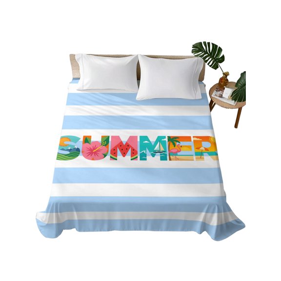 Queen Flat Sheet Summer Beach Holiday Flat Sheets Only Soft Breathable Microfiber Bedding Top Sheets Luxury Hotel Quality Flamigo Sailboat Blue Stripes Queen Bed Sheet for All Season Bedroom Dorm