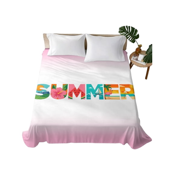 Queen Flat Sheet Summer Beach Holiday Flat Sheets Only Soft Breathable Microfiber Bedding Top Sheets Luxury Hotel Quality Flamigo Sailboat Pink Queen Bed Sheet for All Season Bedroom Dorm Home Decor