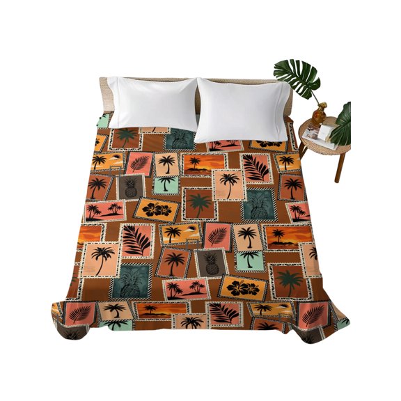 Queen Flat Sheet Summer Beach Palm Tree Flat Sheets Only Soft Breathable Microfiber Bedding Top Sheets Luxury Hotel Quality Tropical Sunset Island Stamp Queen Bed Sheet for All Season Bedroom Dorm