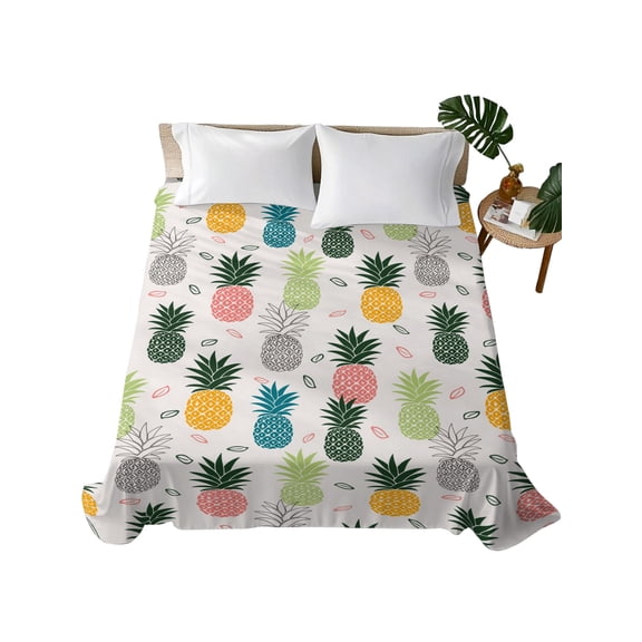 Queen Flat Sheet Summer Pineapple Flat Sheets Only Soft Breathable Microfiber Bedding Top Sheets Luxury Hotel Quality Colorful Tropical Fruit Queen Bed Sheet for All Season Bedroom Dorm Home Decor