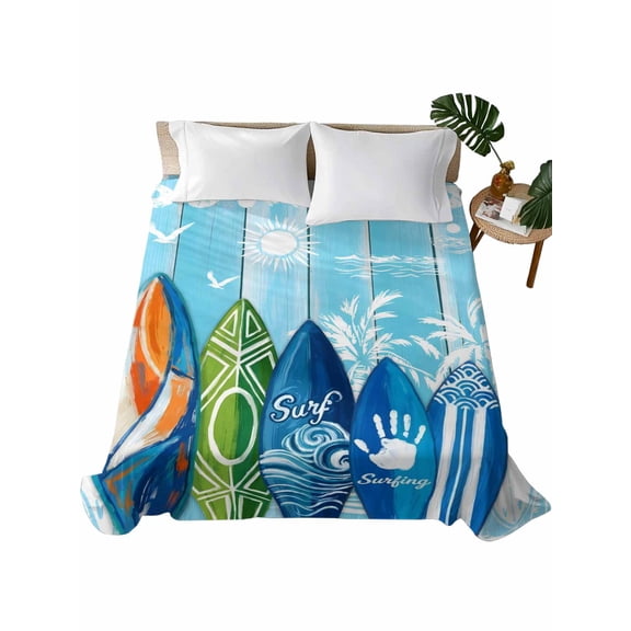 Queen Flat Sheet Summer Surfing Flat Sheets Only Soft Breathable Microfiber Bedding Top Sheets Luxury Hotel Quality Beach Palm Tree Blue Wood Grain Queen Bed Sheet for All Season Bedroom Dorm