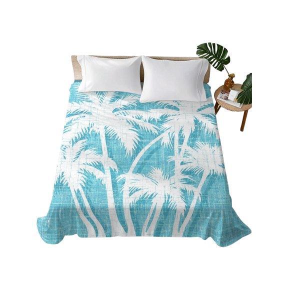 Queen Flat Sheet Summer Tropical Palm Leaves Flat Sheets Only Soft Breathable Microfiber Bedding Top Sheets Luxury Hotel Quality Coastal Aqua Linen Queen Bed Sheet for All Season Bedroom Dorm