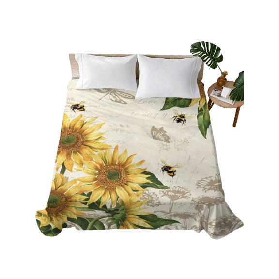 Queen Flat Sheet Sunflower Flat Sheets Only Soft Breathable Microfiber Bedding Top Sheets Luxury Hotel Quality Retro Floral Dragonfly Queen Bed Sheet for All Season Bedroom Dorm Home Decor