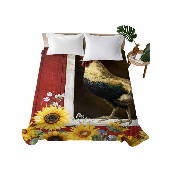 Queen Flat Sheet Sunflower Rooster Flat Sheets Only Soft Breathable Microfiber Bedding Top Sheets Luxury Hotel Quality Farm Animal Barn Queen Bed Sheet for All Season Bedroom Dorm Home Decor