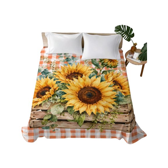 Queen Flat Sheet Sunflower Wooden Box Flat Sheets Only Soft Breathable Microfiber Bedding Top Sheets Luxury Hotel Quality Red Buffalo Plaid Queen Bed Sheet for All Season Bedroom Dorm Home Decor