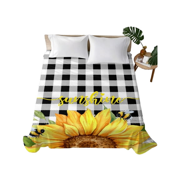 Queen Flat Sheet Sunshine Sunflower Flat Sheets Only Soft Breathable Microfiber Bedding Top Sheets Luxury Hotel Quality Bee Black Buffalo Plaid Queen Bed Sheet for All Season Bedroom Dorm Home Decor