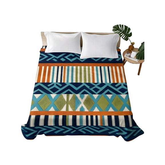 Queen Flat Sheet Teal Blue Ethnic Stripes Flat Sheets Only Soft Breathable Microfiber Bedding Top Sheets Luxury Hotel Quality Bohemian Tribal Geometric Queen Bed Sheet for All Season Bedroom Dorm