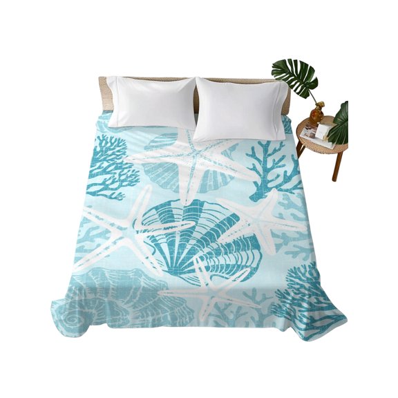 Queen Flat Sheet Teal Blue Linen Ocean Starfish Flat Sheets Only Soft Breathable Microfiber Bedding Top Sheets Luxury Hotel Quality Coastal Coral Conch Queen Bed Sheet for All Season Bedroom Dorm