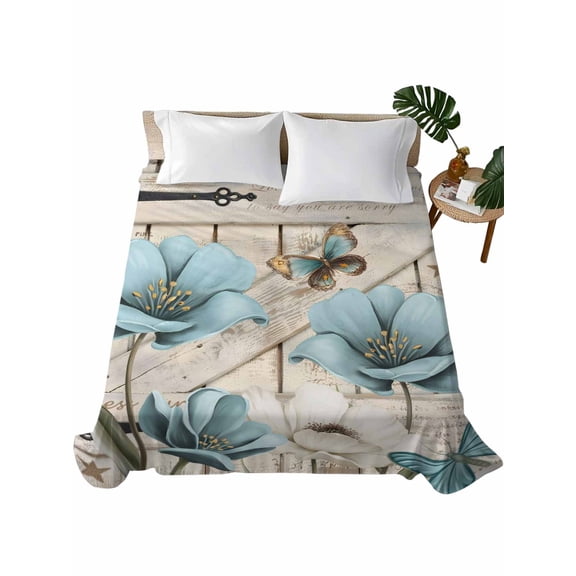 Queen Flat Sheet Teal Blue Tulip Flat Sheets Only Soft Breathable Microfiber Bedding Top Sheets Luxury Hotel Quality Butterfly Farmhouses Barn Doors Queen Bed Sheet for All Season Bedroom Dorm