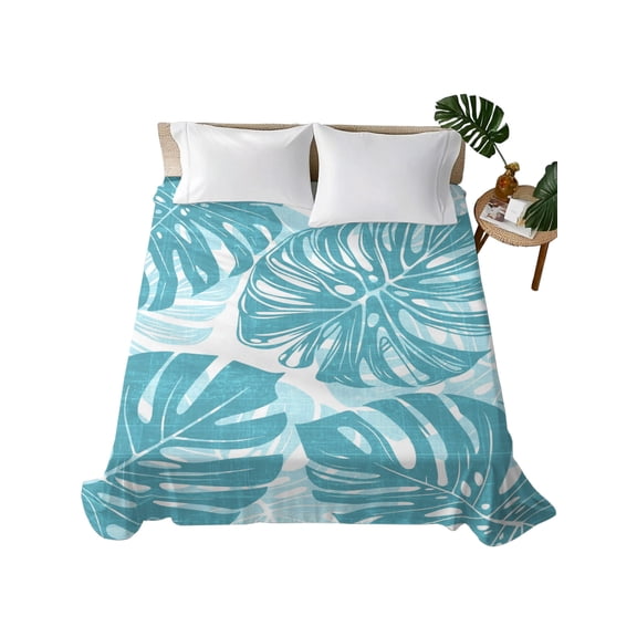 Queen Flat Sheet Teal Monstera Deliciosa Flat Sheets Only Soft Breathable Microfiber Bedding Top Sheets Luxury Hotel Quality Tropical Palm Leaves Queen Bed Sheet for All Season Bedroom Dorm
