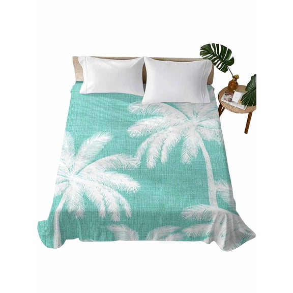 Queen Flat Sheet, Teal Palm Tree Queen Bed Sheets Only, Soft Microfiber Flat Sheet, Summer Botancial Tropical Farmhouse Hotel Quality Bedding Top Sheet Bedroom Home Dorm Decor