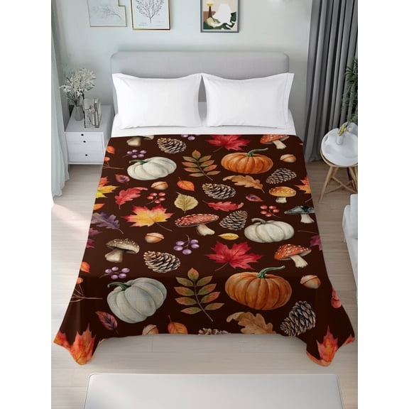 Queen Flat Sheet Only Thanksgiving Fall Harvest Pumpkin Soft Microfiber Cooling Bedding Sheets Maple Leaf Berry Dark Brown Flat Bed Sheet for Hotel, Home Decor