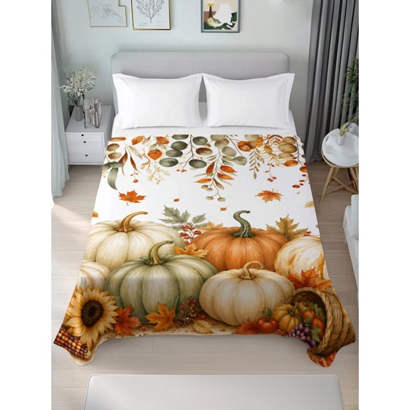 Queen Flat Sheet Only Thanksgiving Pumpkin Cornucopia Soft Microfiber Cooling Bedding Sheets Maple Leaf Eucalyptus Leaves Flat Bed Sheet for Hotel,Home Decor
