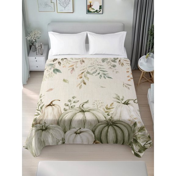 Queen Flat Sheet Only Thanksgiving Sage Green Pumpkins Soft Microfiber Cooling Bedding Sheets Retro Linen Background Flat Bed Sheet for Hotel,Home Decor