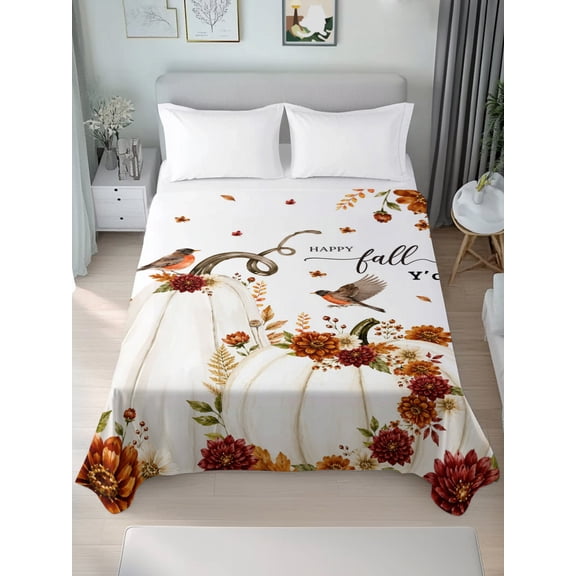 Queen Flat Sheet Only Thanksgiving White Pumpkin Flower Soft Microfiber Cooling Bedding Sheets Fall Farmhouse Plant Bird Flat Bed Sheet for Hotel,Home Decor