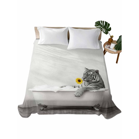 Queen Flat Sheet Tiger Shower on Bathtub Flat Sheets Only Soft Breathable Microfiber Bedding Top Sheets Luxury Hotel Quality Sunflower Funny Animal Queen Bed Sheet for All Season Bedroom Dorm