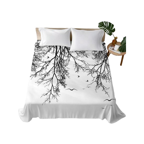 Queen Flat Sheet Tree Branches Bird Flat Sheets Only Soft Breathable Microfiber Bedding Top Sheets Luxury Hotel Quality Black Twigs Deadwood Queen Bed Sheet for All Season Bedroom Dorm Home Decor