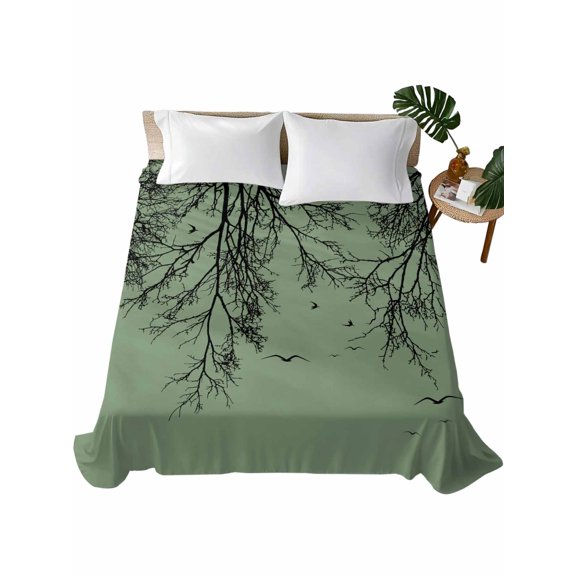 Queen Flat Sheet Tree Branches Bird Flat Sheets Only Soft Breathable Microfiber Bedding Top Sheets Luxury Hotel Quality Green Black Twigs Deadwood Queen Bed Sheet for All Season Bedroom Dorm