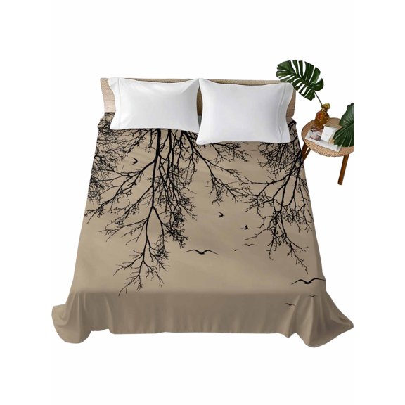 Queen Flat Sheet Tree Branches Bird Flat Sheets Only Soft Breathable Microfiber Bedding Top Sheets Luxury Hotel Quality Khaki Black Twigs Deadwood Queen Bed Sheet for All Season Bedroom Dorm
