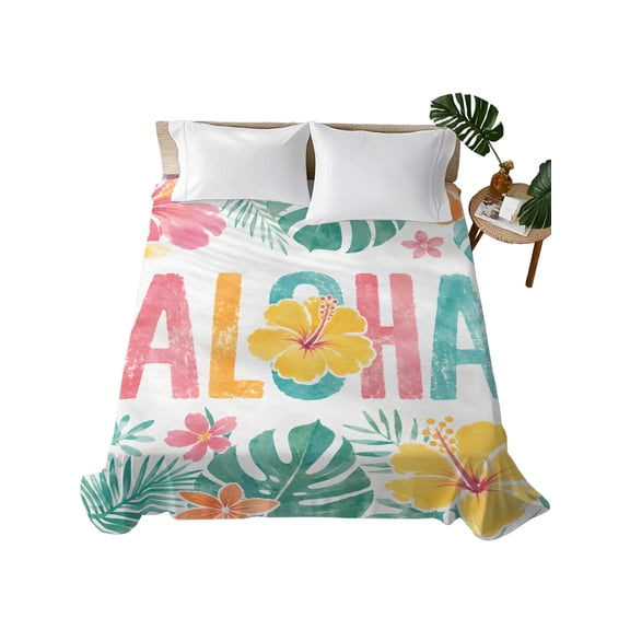 Queen Flat Sheet Tropical Monstera Leaves Flat Sheets Only Soft Breathable Microfiber Bedding Top Sheets Luxury Hotel Quality Hibiscus Flowers Aloha Queen Bed Sheet for All Season Bedroom Dorm Decor