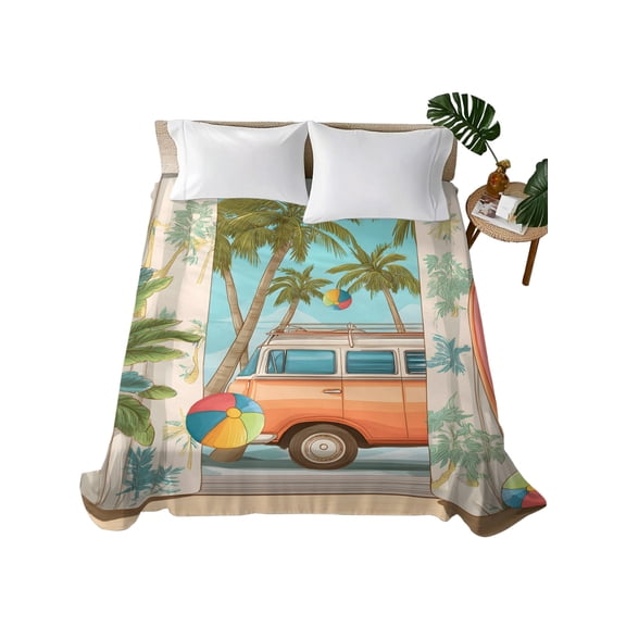 Queen Flat Sheet Tropical Palm Leaves Flat Sheets Only Soft Breathable Microfiber Bedding Top Sheets Luxury Hotel Quality Camper Van Surfboard Balls Queen Bed Sheet for All Season Bedroom Dorm