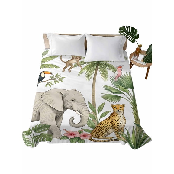Queen Flat Sheet Tropical Palm Tree Flat Sheets Only Soft Breathable Microfiber Bedding Top Sheets Luxury Hotel Quality Forest Animal Elephant Giraffe Queen Bed Sheet for All Season Bedroom Dorm