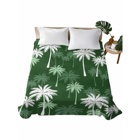 Queen Flat Sheet Tropical Palm Tree Flat Sheets Only Soft Breathable Microfiber Bedding Top Sheets Luxury Hotel Quality Green Summer Beach Queen Bed Sheet for All Season Bedroom Dorm Home Decor