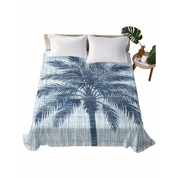 Queen Flat Sheet Tropical Palm Tree Flat Sheets Only Soft Breathable Microfiber Bedding Top Sheets Luxury Hotel Quality Navy Blue Solid Color Linen Queen Bed Sheet for All Season Bedroom Dorm