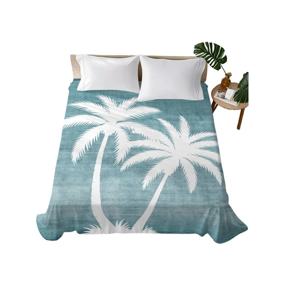 Queen Flat Sheet Tropical Palm Tree Flat Sheets Only Soft Breathable Microfiber Bedding Top Sheets Luxury Hotel Quality Summer Coastal Teal Blue Sky Queen Bed Sheet for All Season Bedroom Dorm Decor
