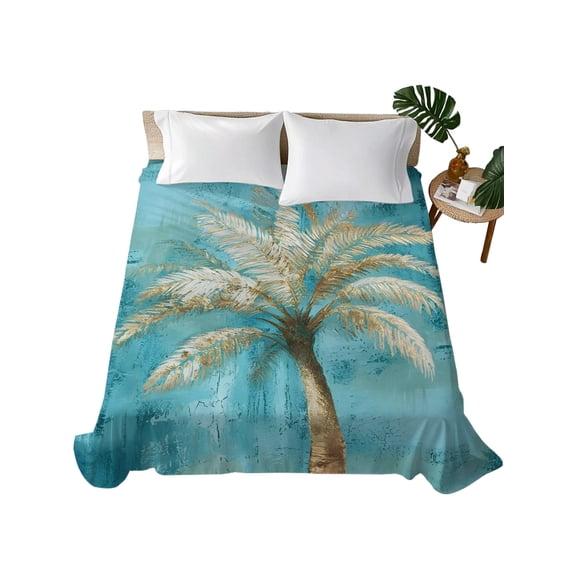 Queen Flat Sheet Tropical Palm Tree Flat Sheets Only Soft Breathable Microfiber Bedding Top Sheets Luxury Hotel Quality Teal Blue Graffiti Coastal Island Queen Bed Sheet for All Season Bedroom Dorm
