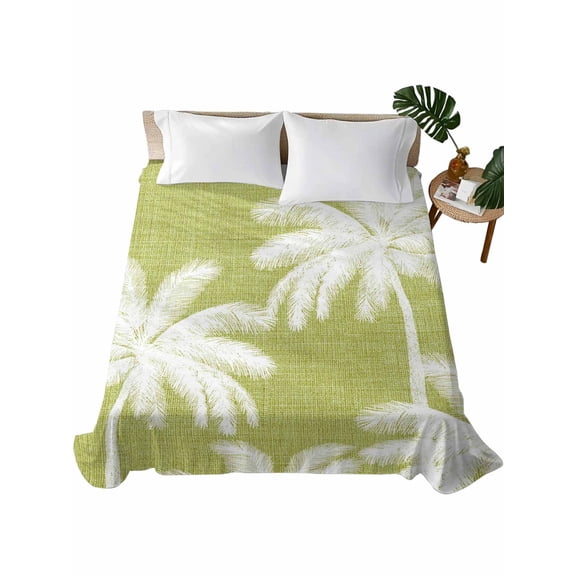Queen Flat Sheet Tropical Palm Trees Flat Sheets Only Soft Breathable Microfiber Bedding Top Sheets Luxury Hotel Quality Lemon Yellow Linen Coastal Queen Bed Sheet for All Season Bedroom Dorm