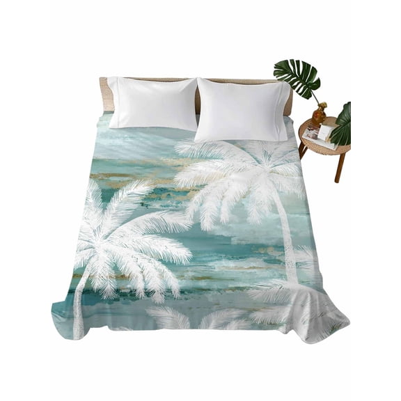 Queen Flat Sheet Tropical Palm Trees Flat Sheets Only Soft Breathable Microfiber Bedding Top Sheets Luxury Hotel Quality Summer Coastal Teal Queen Bed Sheet for All Season Bedroom Dorm Home Decor
