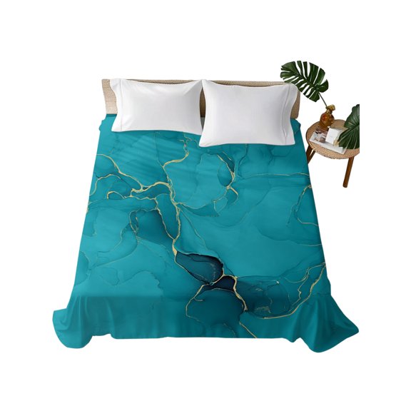 Queen Flat Sheet Turquoise Marble Flat Sheets Only Soft Breathable Microfiber Bedding Top Sheets Luxury Hotel Quality Abstract Art Lines Queen Bed Sheet for All Season Bedroom Dorm Home Decor