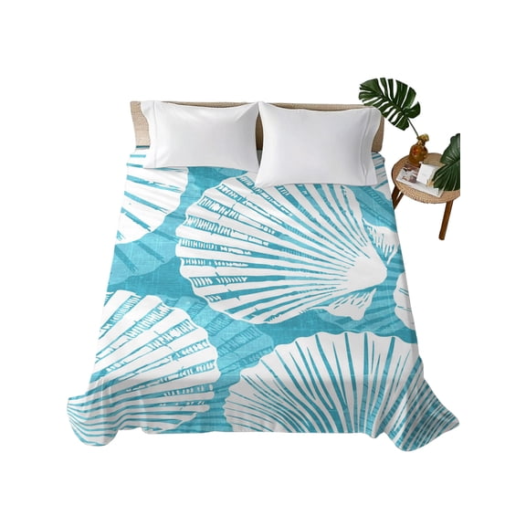 Queen Flat Sheet Turquoise Sea Shell Flat Sheets Only Soft Breathable Microfiber Bedding Top Sheets Luxury Hotel Quality Coastal Ocean Scallop Queen Bed Sheet for All Season Bedroom Dorm Home Decor