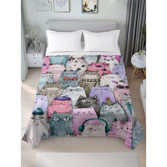 Queen Flat Sheet Only Watercolor Seamless Cartoon Cat Soft Microfiber Cooling Bedding Sheets Whimsical Animals Pattern Flat Bed Sheet for Hotel,Home Decor