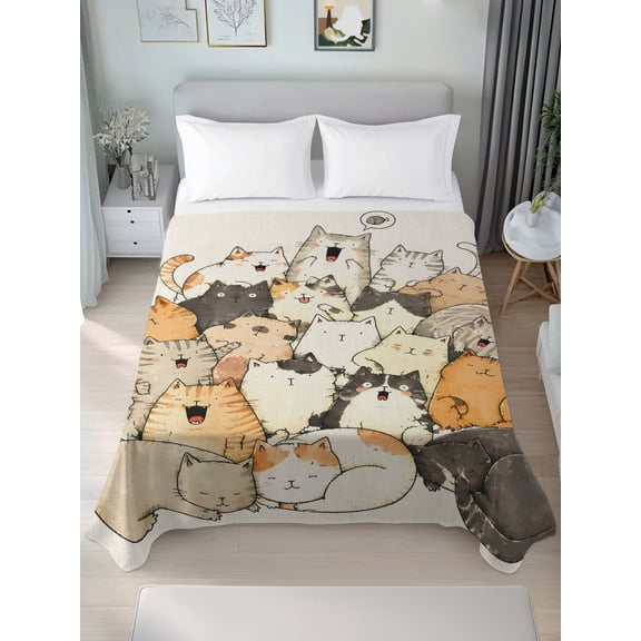 Queen Flat Sheet Only Watercolor Stacked Cartoon Cats Soft Microfiber Cooling Bedding Sheets Kitties on Linen Texture Flat Bed Sheet for Hotel,Home Decor